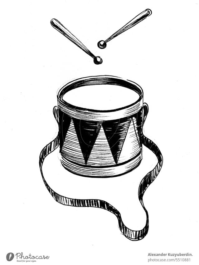 Drum and drum sticks. Ink black and white drawing rythm sound music musical instrument art artwork sketch illustration vintage retro