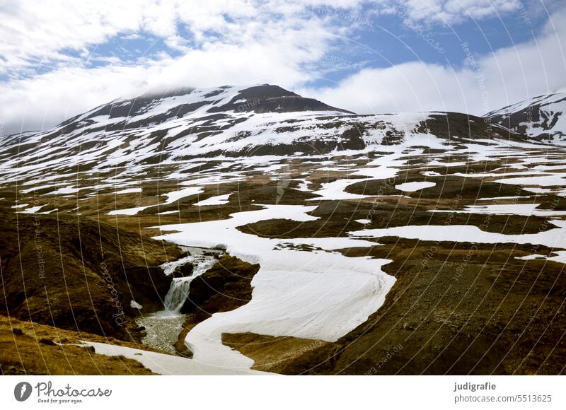 Iceland Landscape Mountain mountains Snow Snowcapped peak Sky Waterfall Environment Climate Cold Wild Clouds Nature naturally Elements Peak Weather Hiking hike