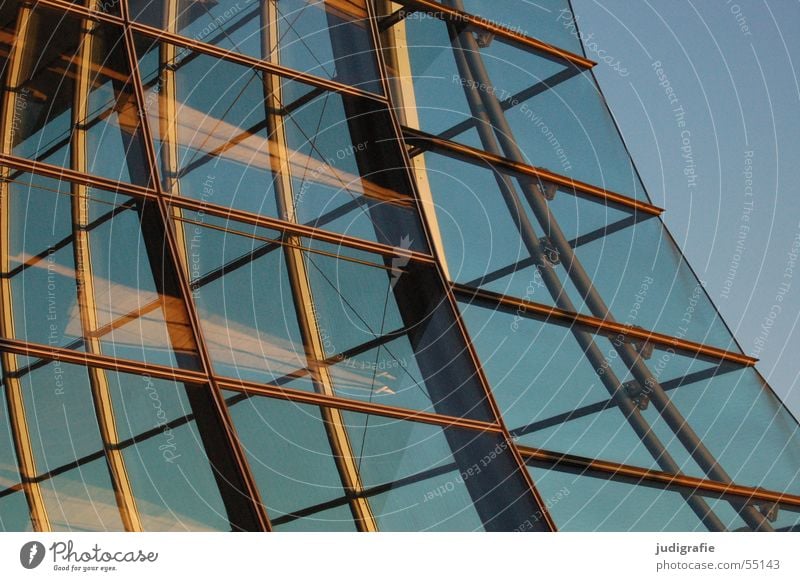 Glass facade of the Expo pavilion German Pavilion House (Residential Structure) Building Window Reflection Evening sun Construction Hannover Light Modern