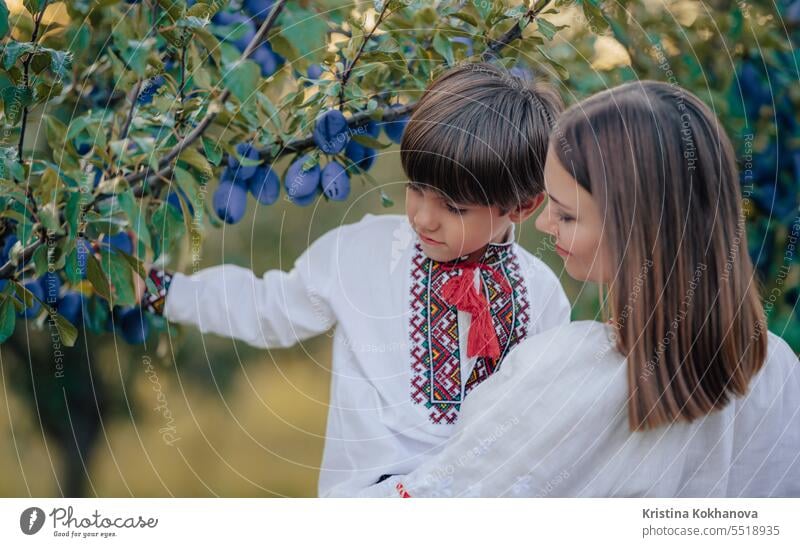 Portrait of beautiful ukrainian family 4 years old boy, mother in plum orchard mom son happy ukraine hug love parent care happiness hugging motherhood