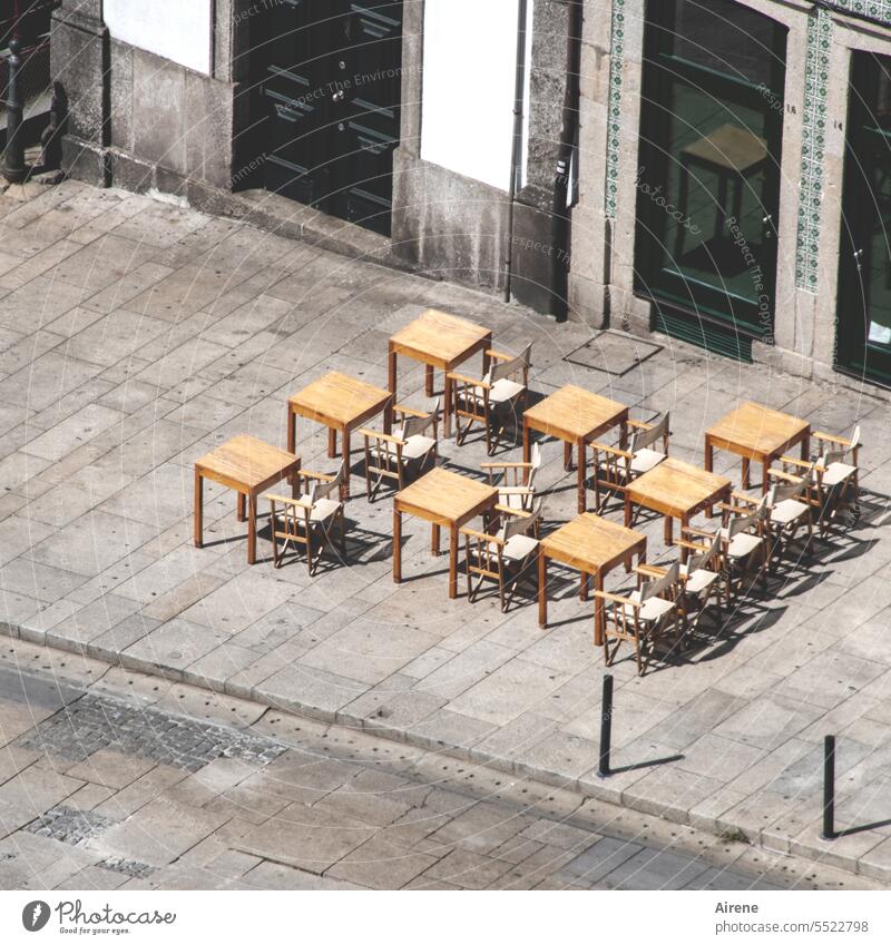 Plenty of room in the sun Places Restaurant sunny Summer Empty tables chairs Hot ardor Without shade Deserted Street Sit free seating Gastronomy Seating Café