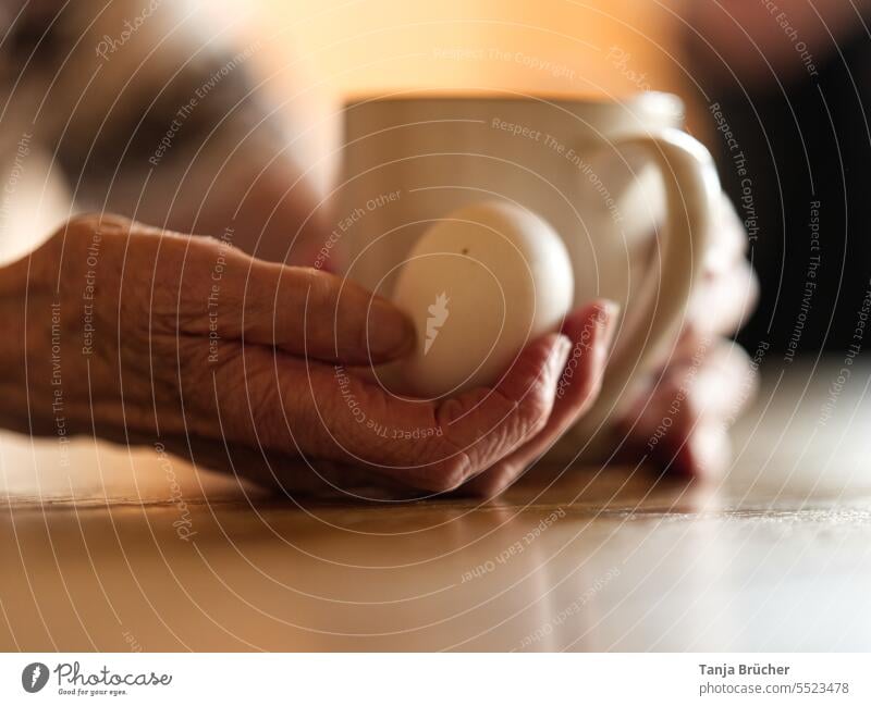 Old woman hand with egg and coffee cup old hands Women`s hand Wrinkled hand wrinkled skin in old age Hand aged old lady Old Hand Egg Egg hold crease