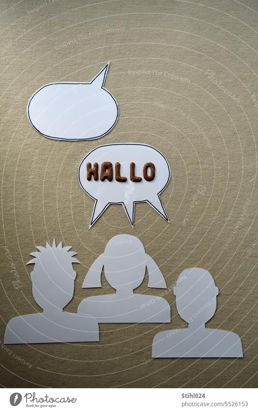 graphic: Three children ask "hello" in speech bubble - answer? Hello Dialogue Speech bubble conversation group people Girl Boy (child) Silhouette Pictogram