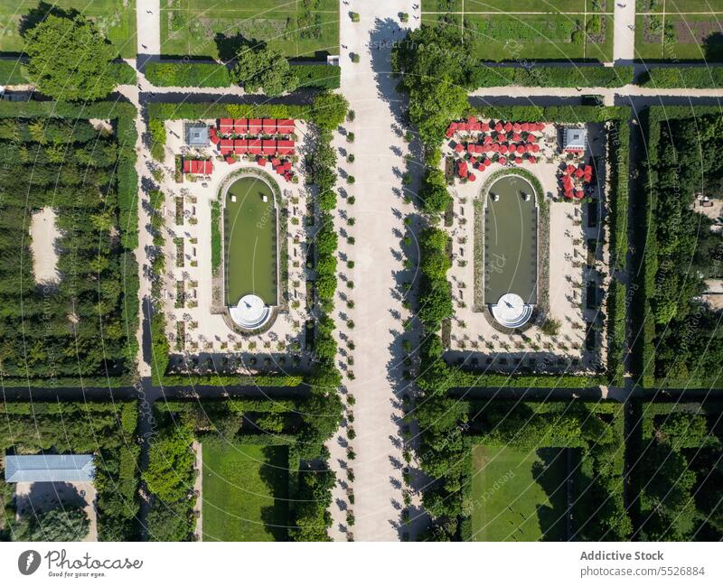 Aerial landscape of majestic garden fountains in greenery palace royal sightseeing versailles bright architecture park summer attract magnificent wonderful