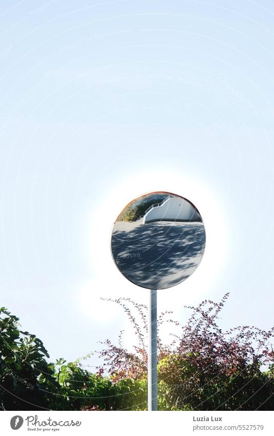Traffic mirror in front of a white cloud and blue sky Mirror traffic mirrors Round Bright Light Blue sky Sky blue sky blue Illuminate Light (Natural Phenomenon)