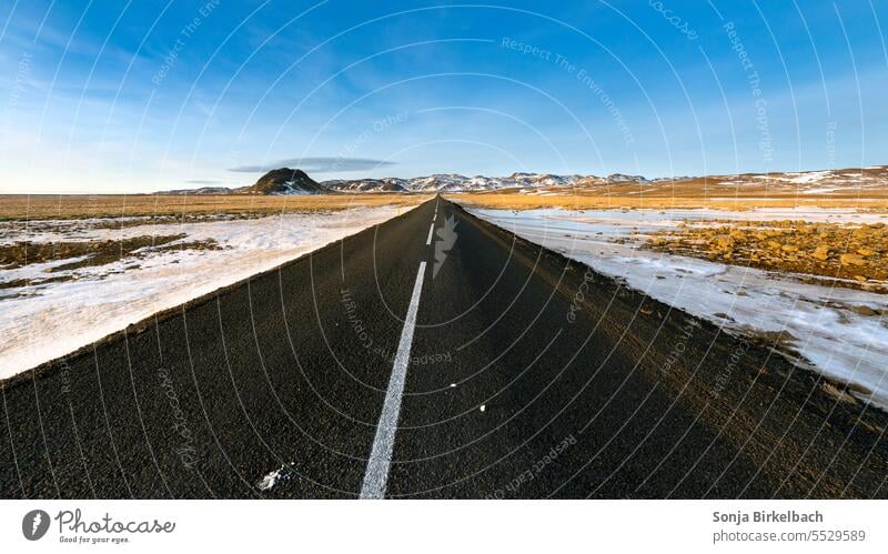 Freedom :) Street Iceland Icelandic road course Direct Winter wide horizon distance Mountain Snow Sky Blue Volcanic Nature Landscape naturally Europe Volcano