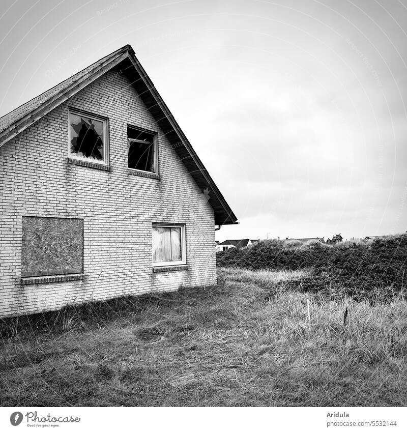 Lost place | abandoned house with broken windows b/w House (Residential Structure) Vandalism Destruction Broken Window pane Smashed window Shard Pane Transience