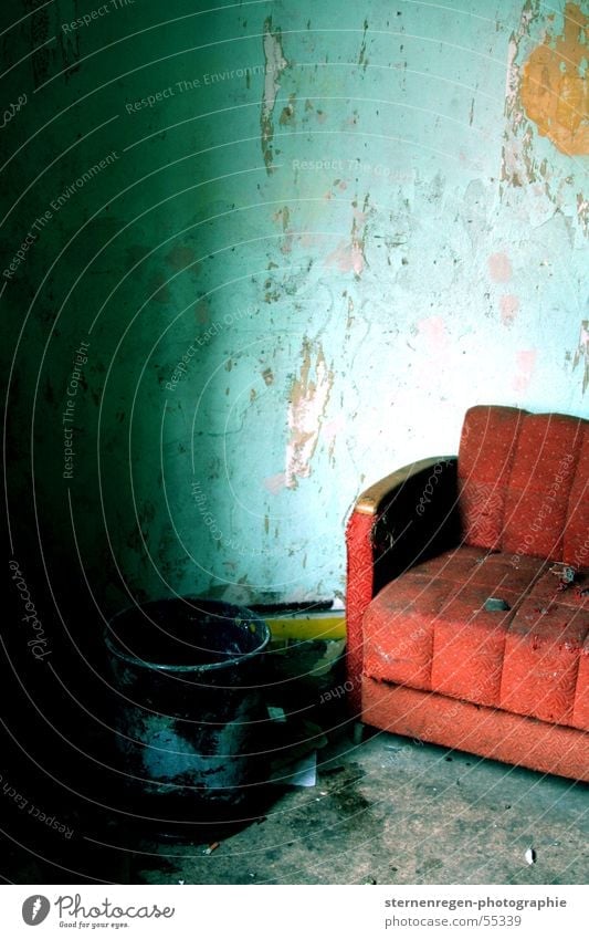 red Sofa Broken Interior shot Furniture Dismantling Devastated Turquoise Destruction Decline Time Old cross