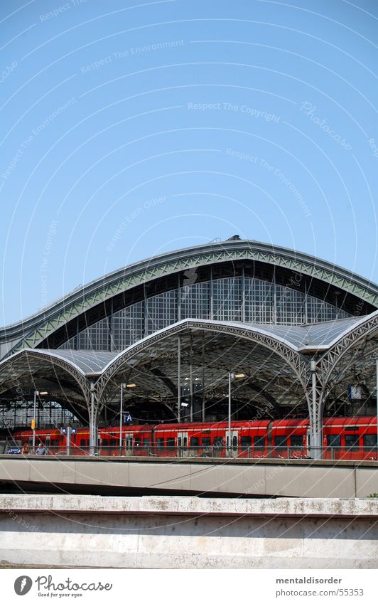 train window Railroad Steel Cologne Railroad tracks Red Carrier Driving Train station Warehouse Glass Column Sky soon Vacation & Travel sleepers Rivet