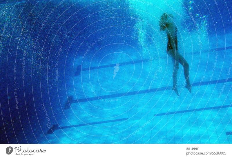 go underground Underwater photo Girl Woman Full-length blow Water Blow orbits pool Swimming pool Blue Swimming & Bathing Dive Emerge Jump Colour photo