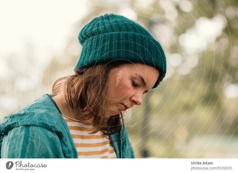 Wide country - thoughtful Woman Meditative Cap Downward feminine