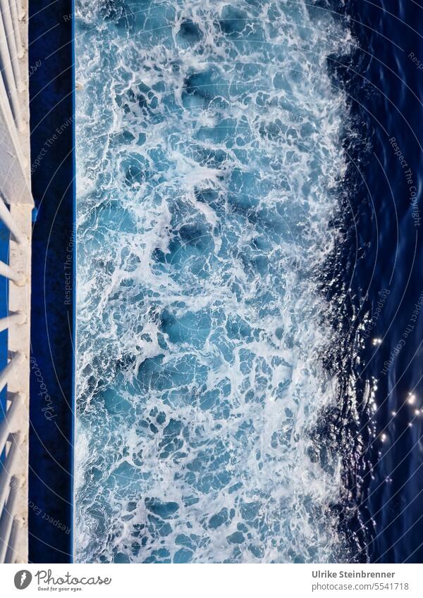 Lateral wake of a ferry in the Mediterranean Sea Wake Swirl Water Ocean Mediterranean sea Ferry Transport ship Navigation Sardinia Blue White Foam crowns
