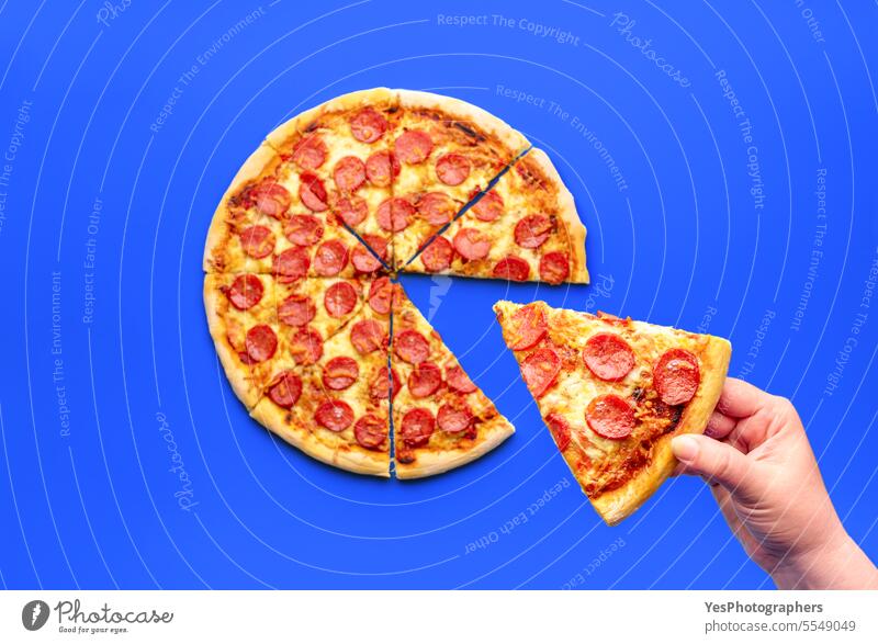 Homemade pepperoni pizza slice on a blue table above background baked bright chart cheese color colorful comfort crust cuisine delicious dinner eating fast food