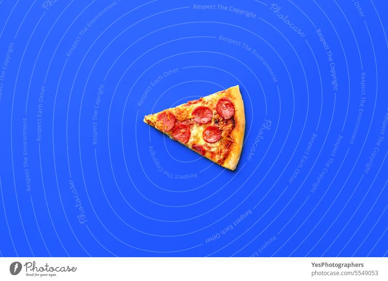 Slice of pepperoni pizza isolated on a blue background above baked bright chart cheese color colorful comfort crust cuisine delicious dinner eating fast food