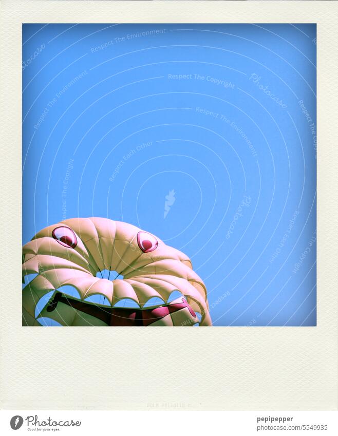 Polaroid - Parasailing paraglider in face shape parasailing Summer Exterior shot Sky Colour photo Blue sky Clouds Beautiful weather Face Smiley Smiley face