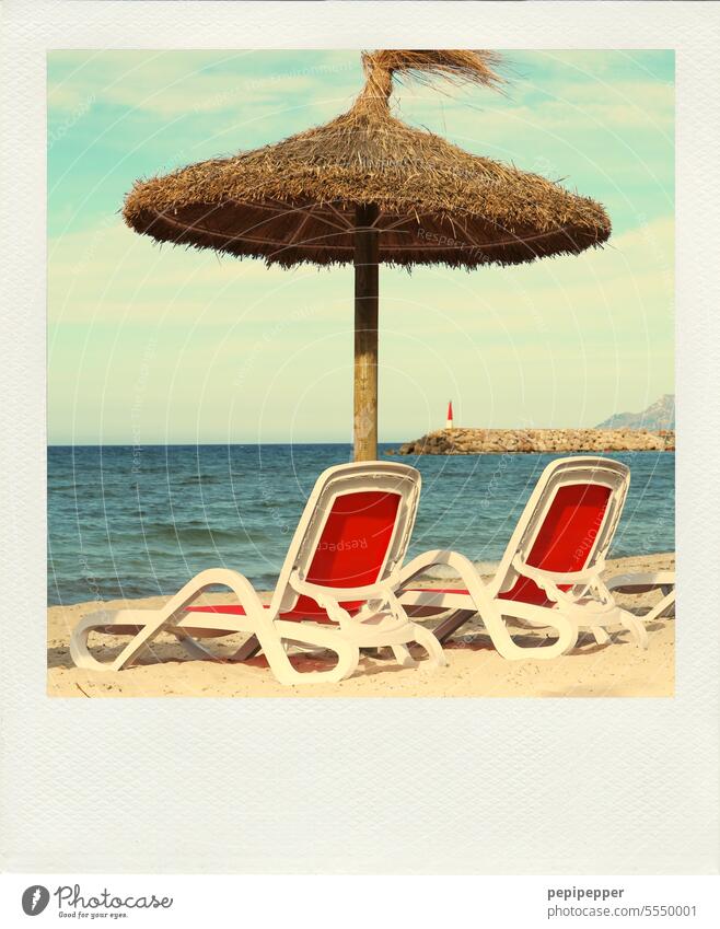 Polaroid - two beach loungers with umbrella on the beach Beach Ocean Water Sand Waves coast Vacation & Travel Summer Relaxation Summer vacation