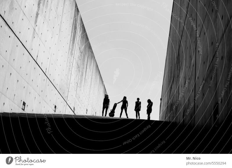 Starlettes Architecture Wall (building) Shadow four Silhouette Stairs Concrete 4 Side by side Wall (barrier) Modern architecture Above Concrete wall Gray