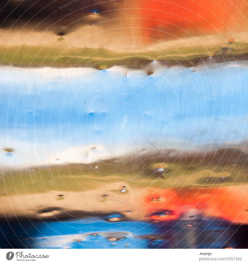 Hail damage Metal Tin Structures and shapes Abstract Colour Blue Yellow Red Orange hail damage dent Close-up reflection