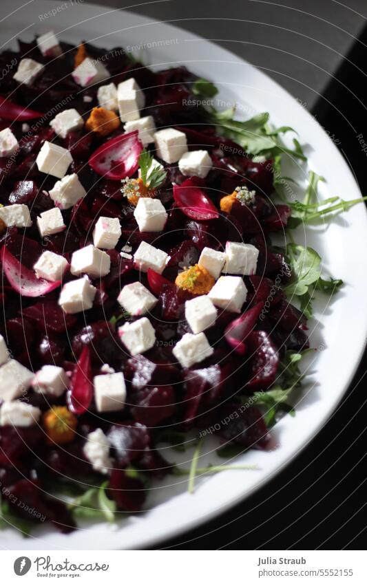 Beet salad with feta cheese onion carrot cream Lettuce disk Feta cheese beetroot Onion Cream ruccola catering Birthday celebration Party Eating