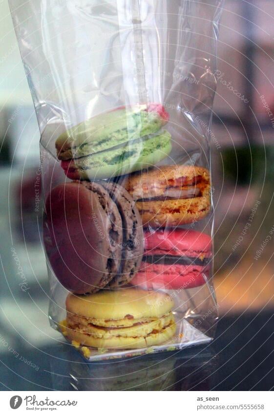 macarons France Paris Patisserie biscuits Paper bag cellophane variegated Yellow Brown Pink Green cute Food Delicious Tasty Gourmet Bakery Fresh Cookie french