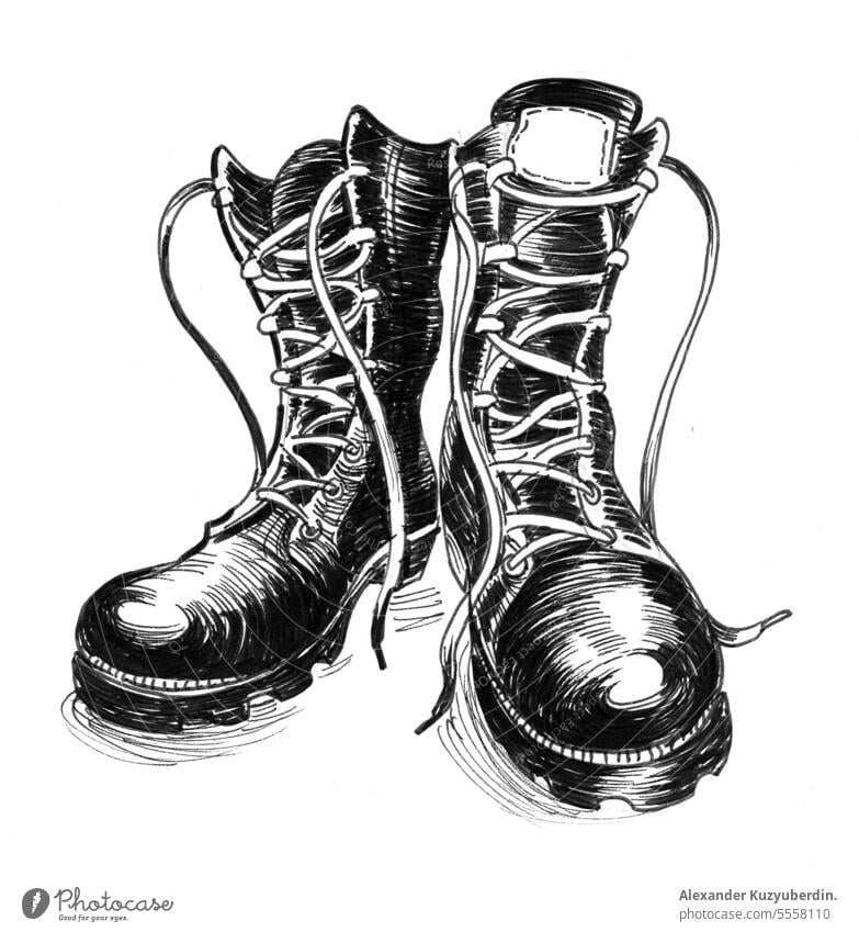 Black military boots. Ink black and white illustration army background clothing combat footwear isolated lace leather object old shoe shoes sketch soldier