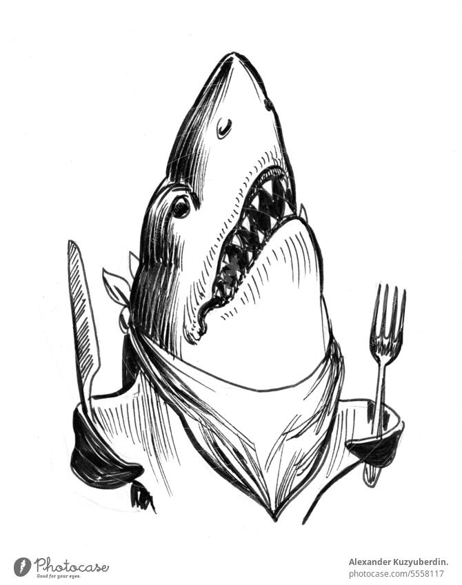 Hungry shark fish holding knife and fork black cartoon drawing eating funny hungry illustration ink monster sketch teeth white