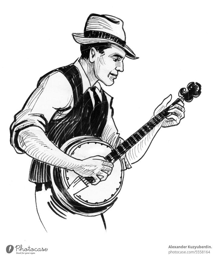 Young man playing banjo musical instrument. Ink black and white illustration art artist artistic artwork atmosphere audio club country drawing entertainment