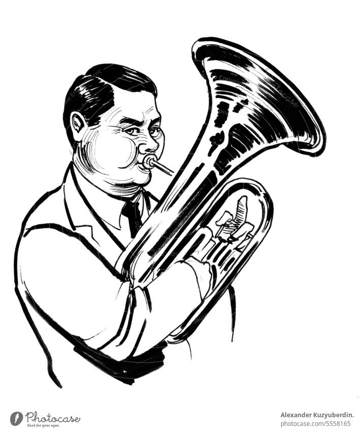 Musician playing on trumpet. Ink black and white illustration art artist artistic club drawn entertainment fun hand illustrations ink instrument isolated music