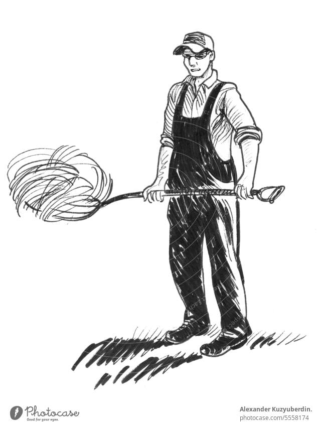 Ink black and white illustration of a working farmer activity agriculture background cartoon farming grass harvest hay isolated land life male man people person