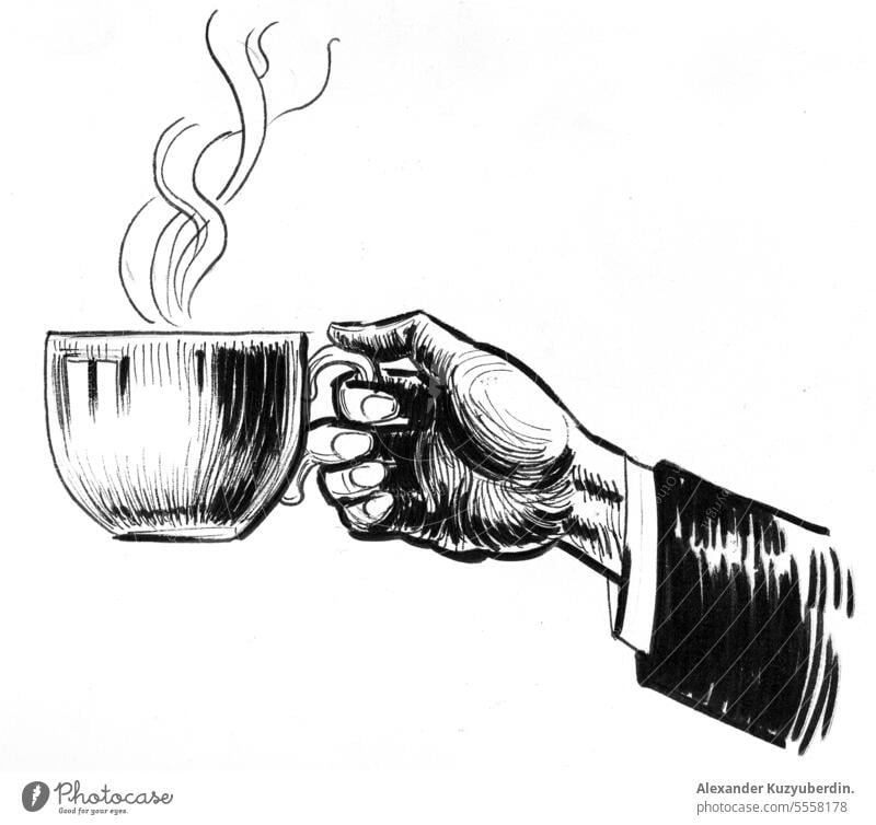 Hand with a cup of coffee. Ink black and white drawing art beverage cafe caffeine cappuccino drink espresso hand hand drawn hot illustration morning mug