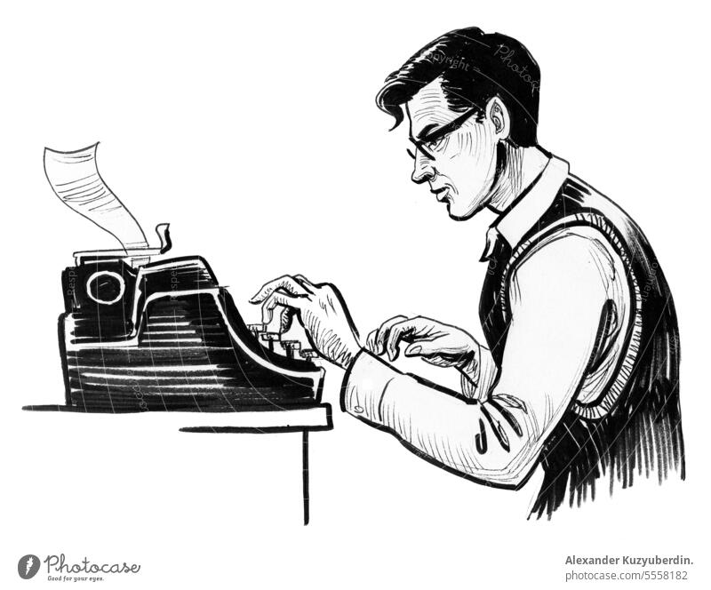 Writer in glasses typing on retro typewriter.  Ink black and white illustration antique author background book business creative desk equipment face hand