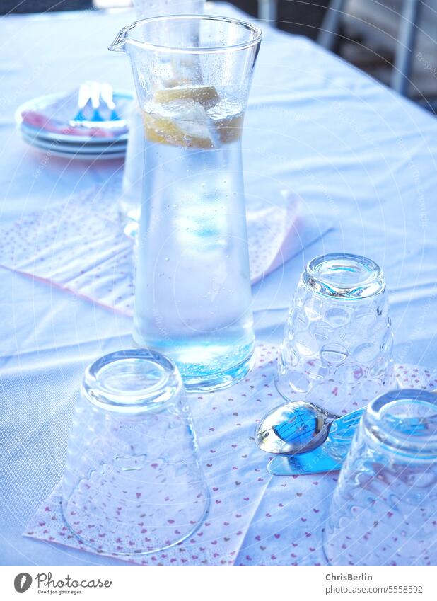 Water carafe with glasses on a table Carafe Lemon water Glasses Summer Friends Drinking Beverage Fresh Cold Refreshment Drinking water Cold drink Healthy Thirst