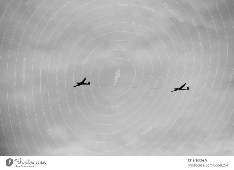 Wide land | On the umbilical cord | Aerotow - A glider is pulled aloft by a powered aircraft Sailplane Gliding aerotow Motorized aircraft Airplane 2 airplanes