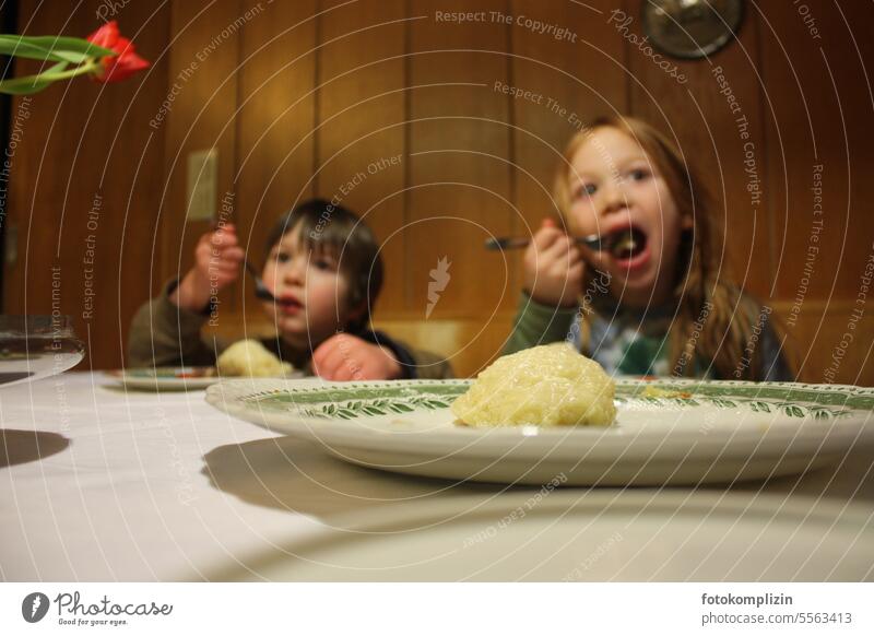 Children eat steamed noodles - 3 children Eating yeast dough cute hunger Plate Baked goods Dough steam noodles To enjoy Delicious Food Interior shot Fresh