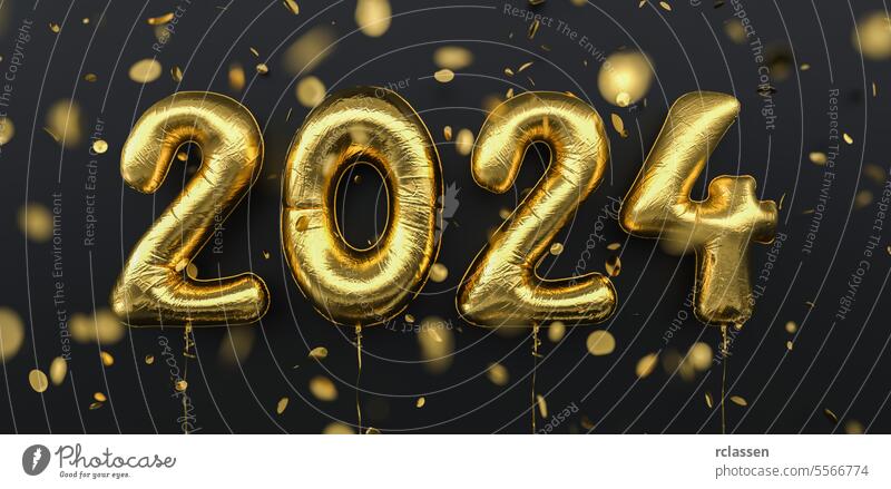 Happy New 2024 Year. 2024 golden foil balloons and falling confetti on black background. Gold helium balloon numbers. Festive poster or banner concept image