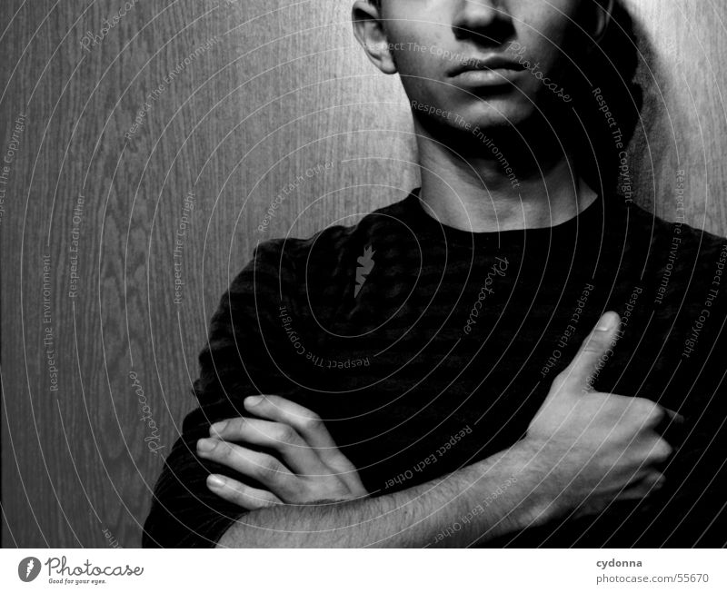 Human Child I Man Portrait photograph Style Wall (building) Wood Hand Posture Sweater Light Human being Wood grain Face Facial expression Black & white photo