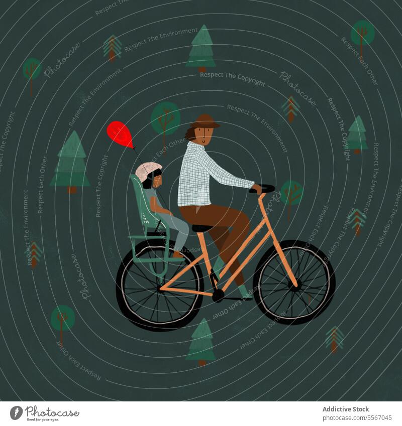 Man cycling with child and balloon in forest man bicycle seat ride helmet illustration male bike fashion father transport eco-friendly leisure journey travel