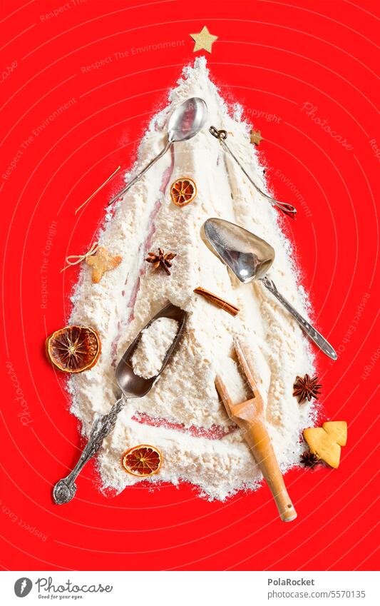 #A0# Christmas tree made of flour with lots of different decorative elements such as cinnamon stars, cookies and silver spoons inside. Time for Christmas. Here we go again. Generated image.