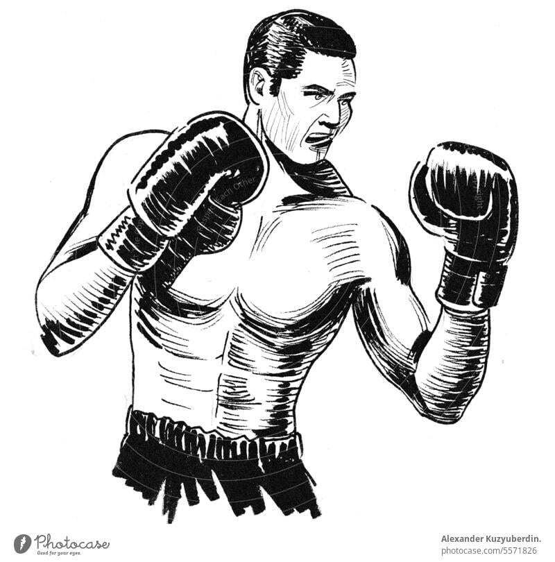 Boxing athlete. Ink black and white illustration art background box boxer boxing competition drawing equipment fight fighter fist glove gloves isolated power