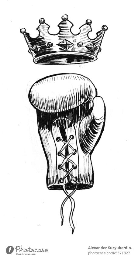 Retro boxing glove and crown. Ink black and white illustration achievement award boxer champion championship classic classical club competition design element