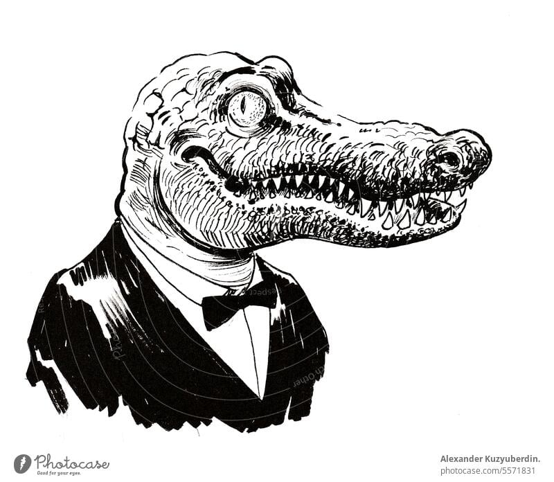 Cool happy crocodile in suit. Ink black and white illustration alligator animal art artwork character cool drawing gentle gentleman ink person reptile sketch