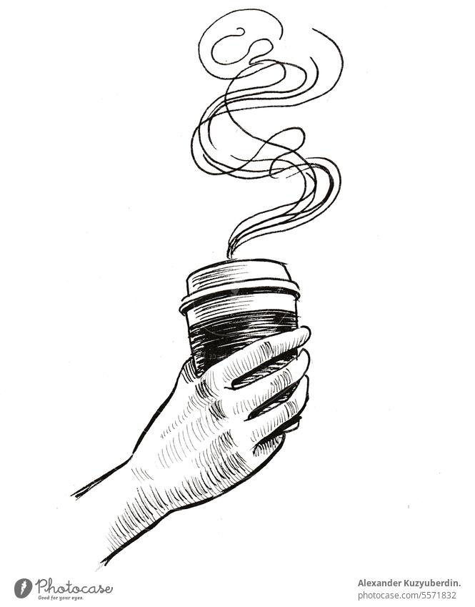 Ink sketch of a hand holding coffee in paper cup background beverage black break breakfast cafe caffeine cappuccino container design drawing drawn drink