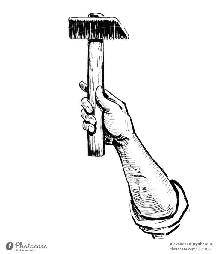 Hand holding a hammer. Ink black and white illustration arm artistic background break drawing engraving equipment hand handyman industrial isolated object