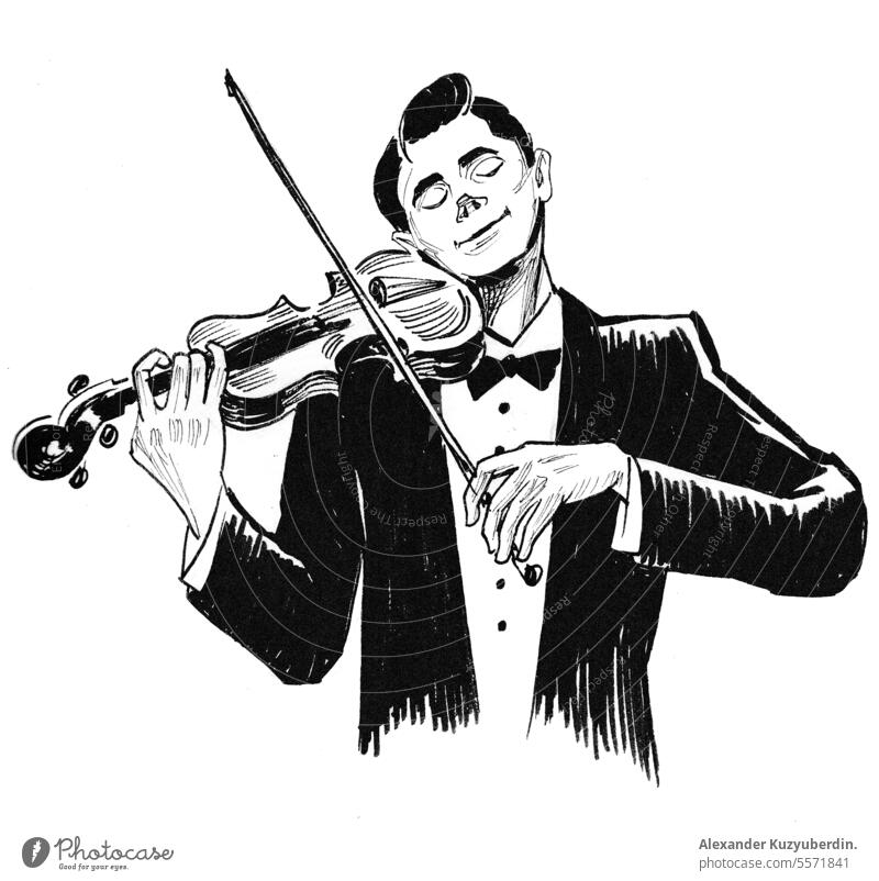 Musician playing violin. Ink black and white drawing art artist artwork classical concert fiddle fiddler graphic harmony instrument isolated man melody music