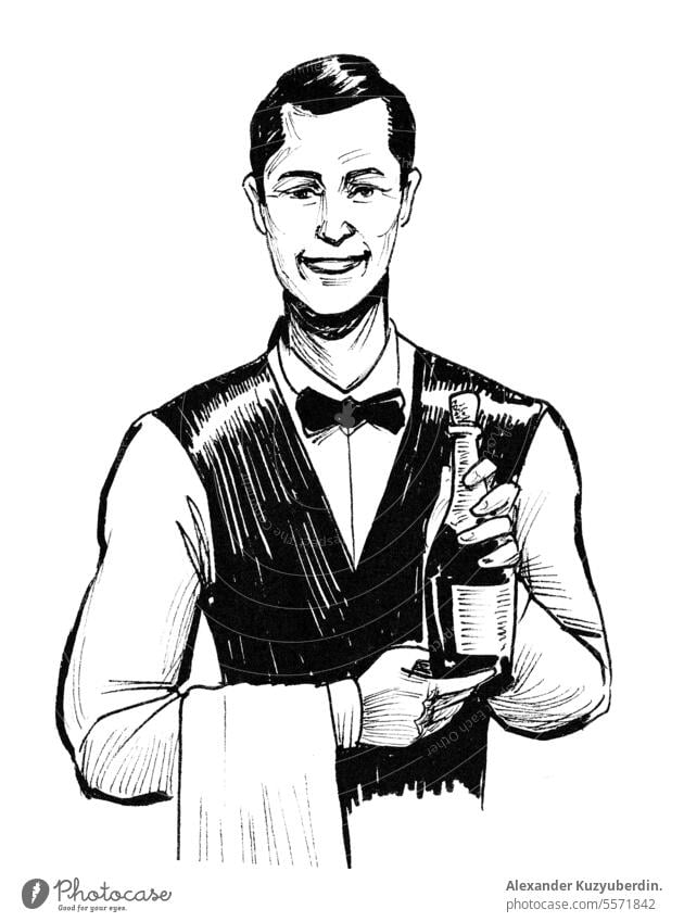 Waiter with a bottle of wine. Ink black and white drawing alcohol background barman bartender beverage bordeaux cartoon celebration character drink france