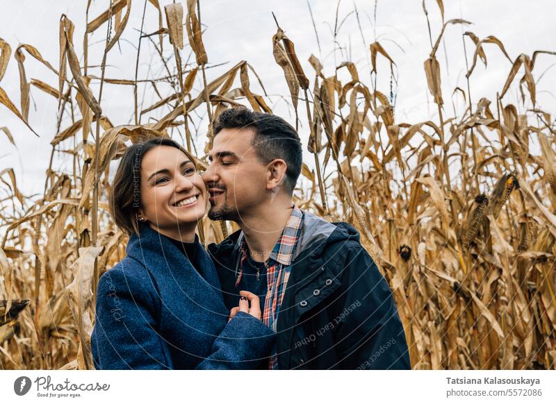 Moments of tenderness of a happy couple in love on a walk outside the city in autumn among a cornfield woman smiling standing affection relationship romantic