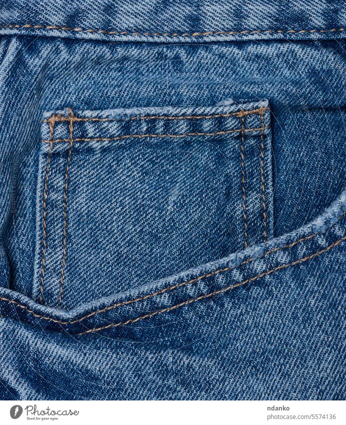 Blue jeans front pocket with buttons, close up nobody pants seam stitch textile trousers wear apparel background blue canvas casual closeup cloth clothing