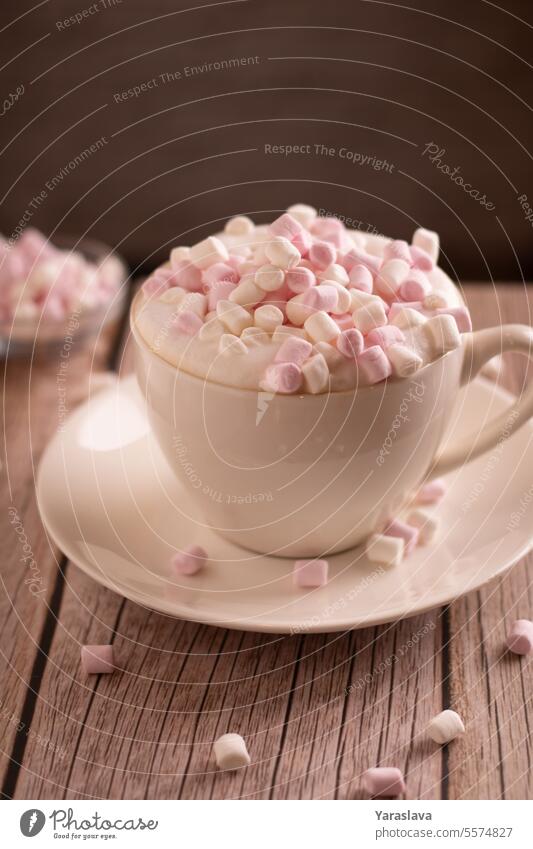 photo sweet dessert, white and pink marshmallow, coffee cup with foam, close up, enjoyment, minimalism, snack, cafe, atmosphere photography aromatic background