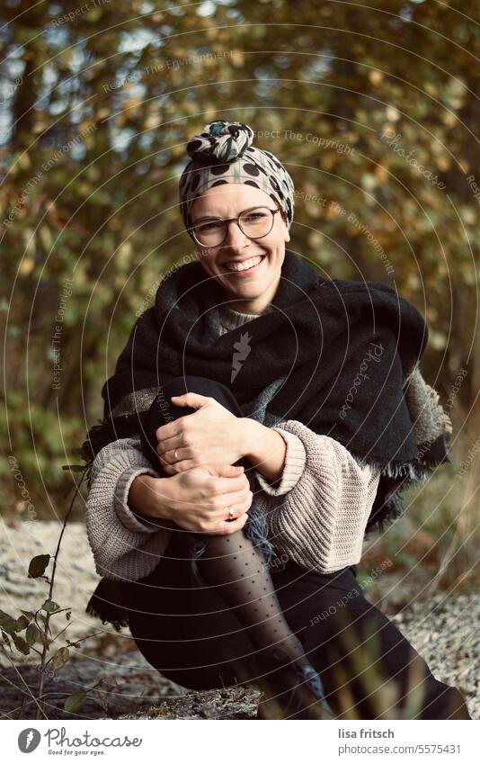 LAUGH - HAPPY - FALL Laughter Joy pretty Exterior shot Happiness Woman Smiling Adults Tree trunk Autumn trees leaves Happy Nature portrait youthful Attractive