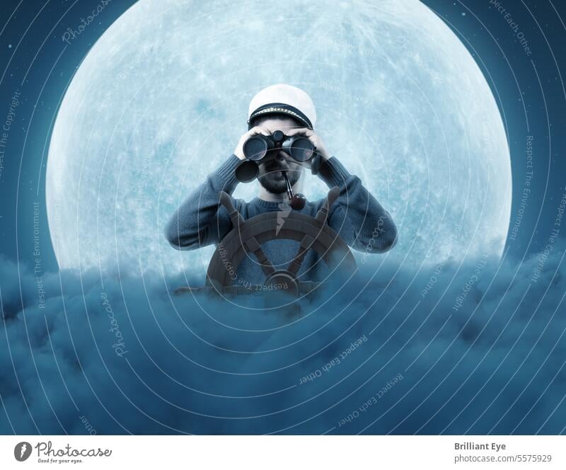 Helmsman with binoculars and cap over clouds at night Adventure on one's own Binoculars Blue boat Boy (child) Cap Captain Clouds Consistent Dark Direction